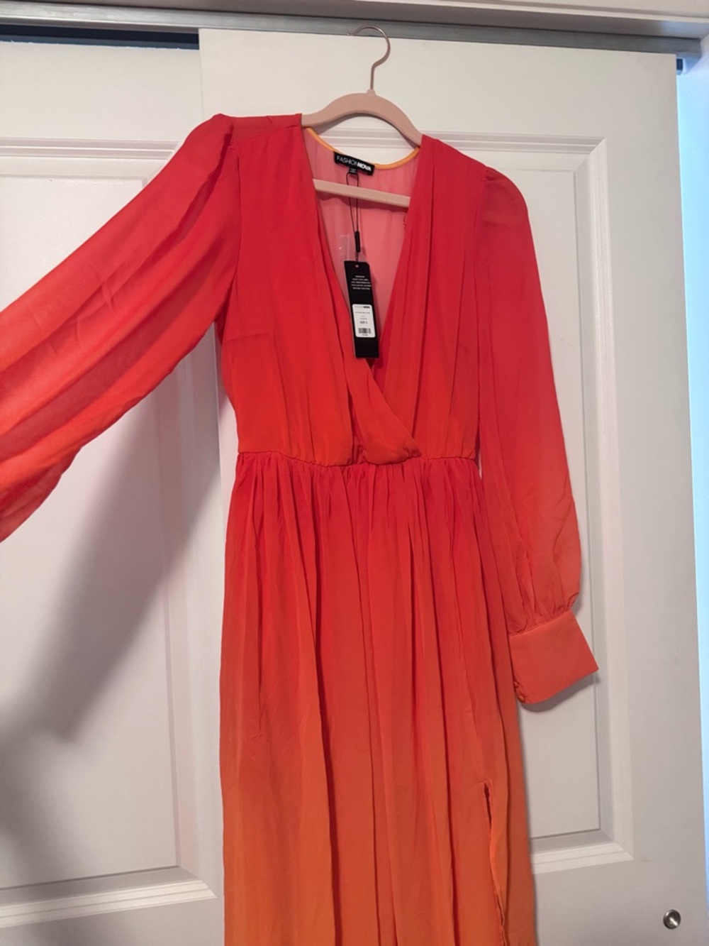 Aqua Vibrant Orange Ombre Long Sleeve Maxi Dress